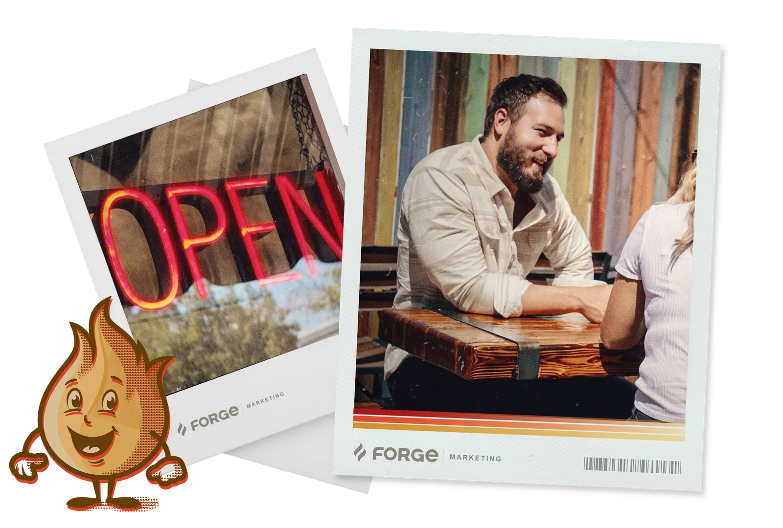 Two polaroids, an OPEN sign and a client at a table, with Spark beside them